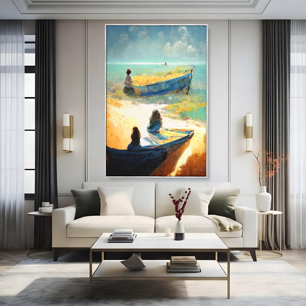 Tablou canvas cu tablou canvas cu femei pe plaja si barci, in rama de aluminiu argintiu, pe perete intr-un living